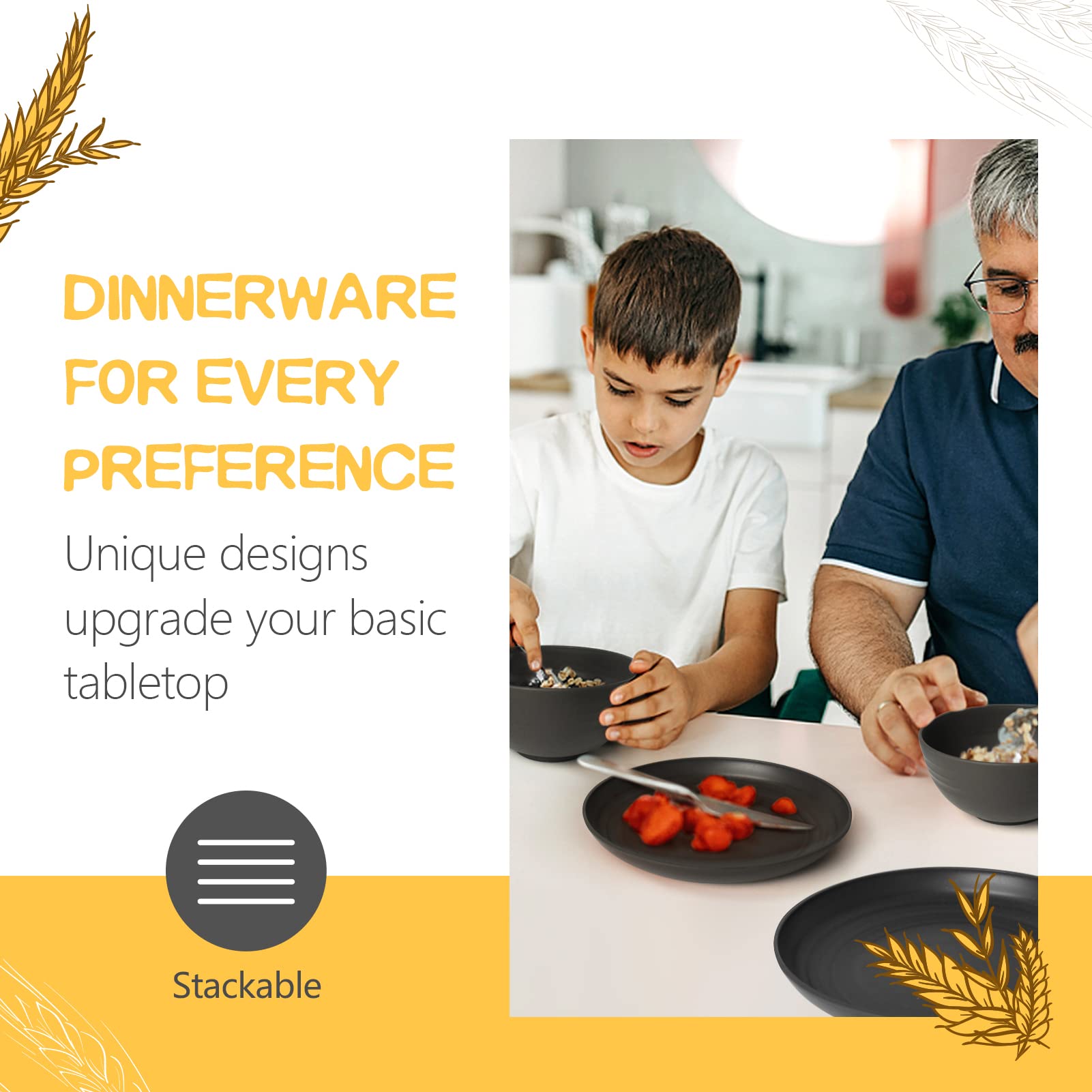 Teivio 32-Piece Kitchen Plastic Wheat Straw Dinnerware Set, Service For 8, Dinner Plates, Dessert Plate, Cereal Bowls, Cups, Unb
